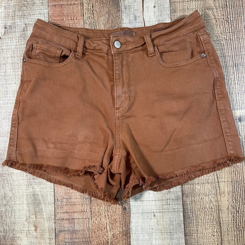 Judy Blue Brown Garment Dyed Raw Hem Denim Shorts High Rise Large Cut offs